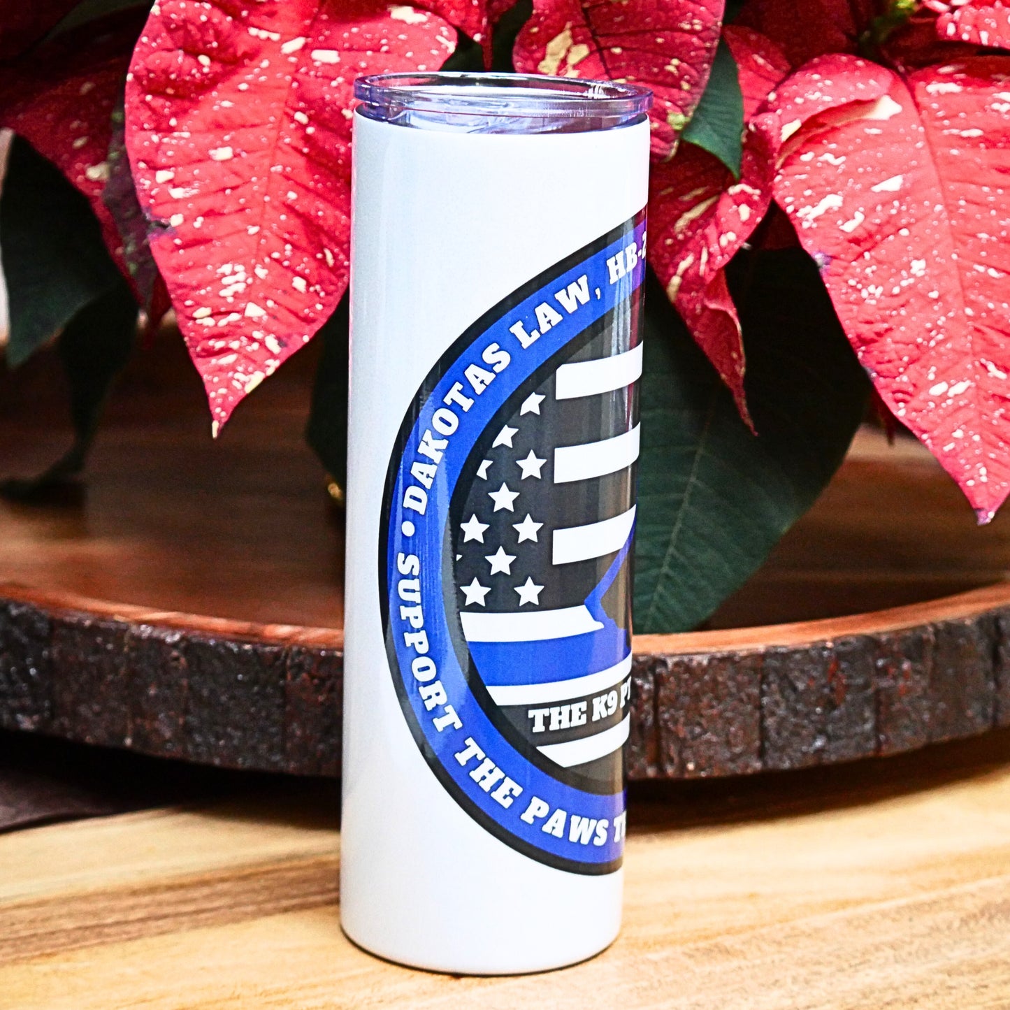 30 oz Shimmering-holographic glitter white tumbler with the K9 PTSD Awareness Logo, w/blue line flag & K9