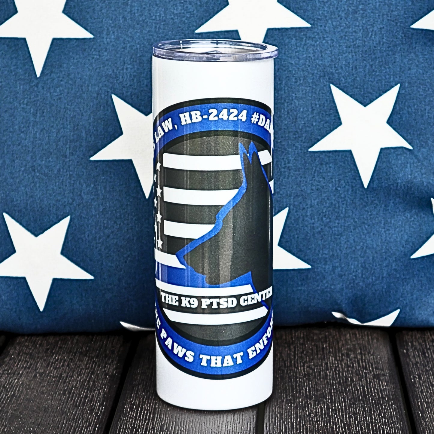 30 oz Shimmering-holographic glitter white tumbler with the K9 PTSD Awareness Logo, w/blue line flag & K9