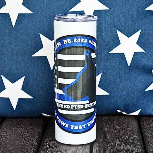 30 oz Shimmering-holographic glitter white tumbler with the K9 PTSD Awareness Logo, w/blue line flag & K9