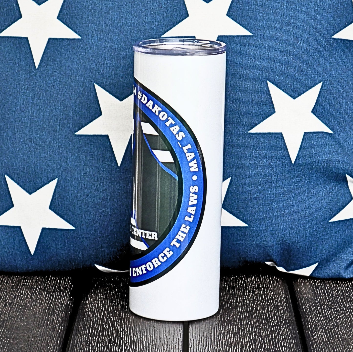 30 oz Shimmering-holographic glitter white tumbler with the K9 PTSD Awareness Logo, w/blue line flag & K9