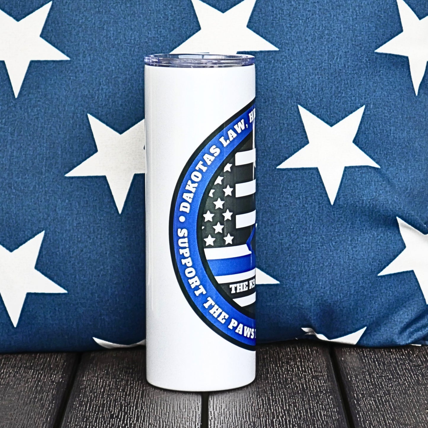 30 oz Shimmering-holographic glitter white tumbler with the K9 PTSD Awareness Logo, w/blue line flag & K9
