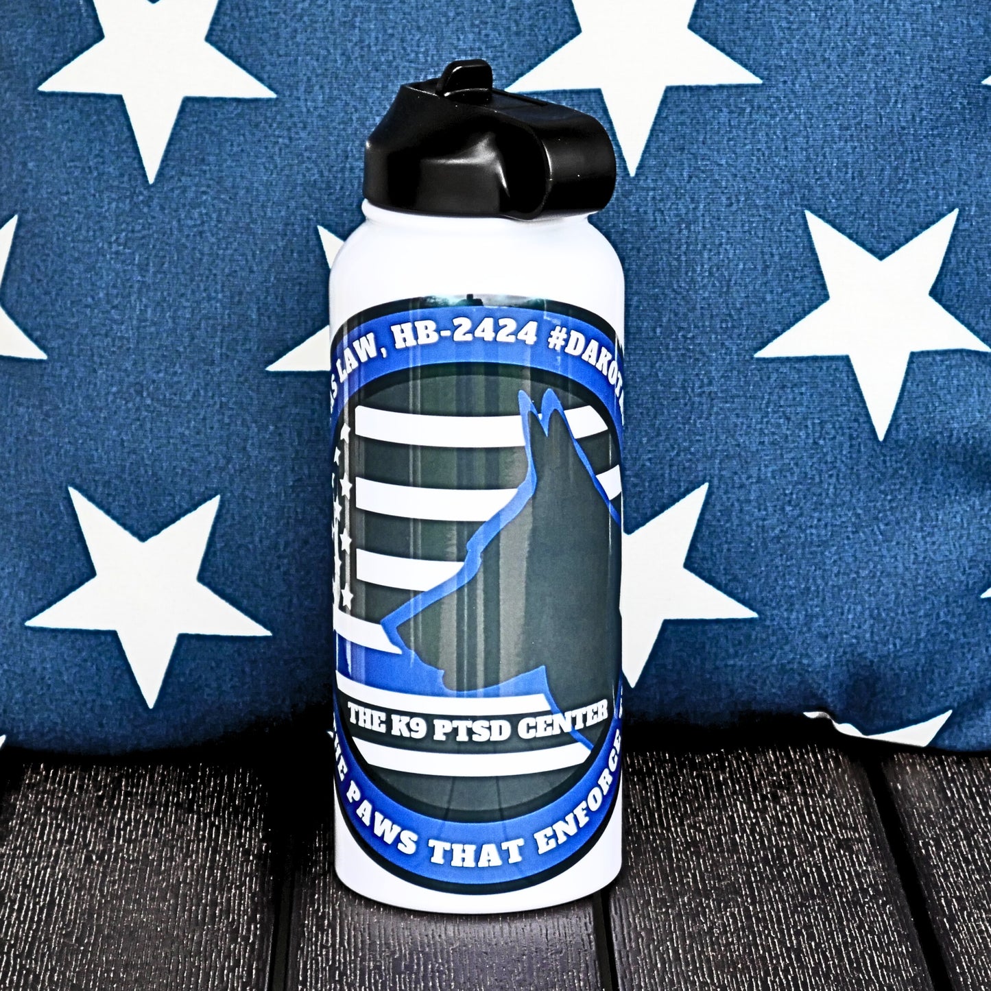 32 oz- HUGE Double Wall Stainless Steel Water Bottle w/K9 PTSD Center Awareness Logo