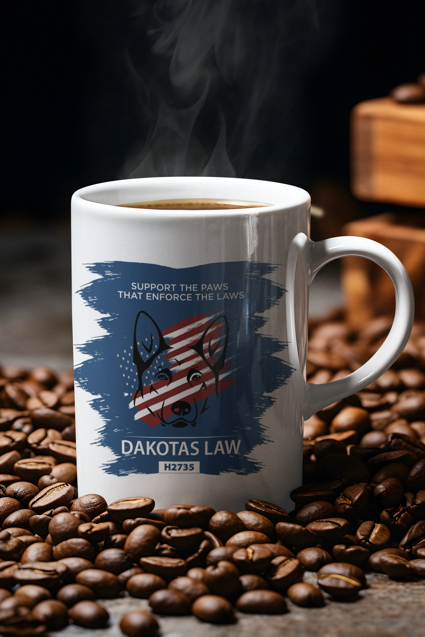 Ceramic coffee mug with Red, White & Blue K9 PTSD awareness design with Paint Swash background