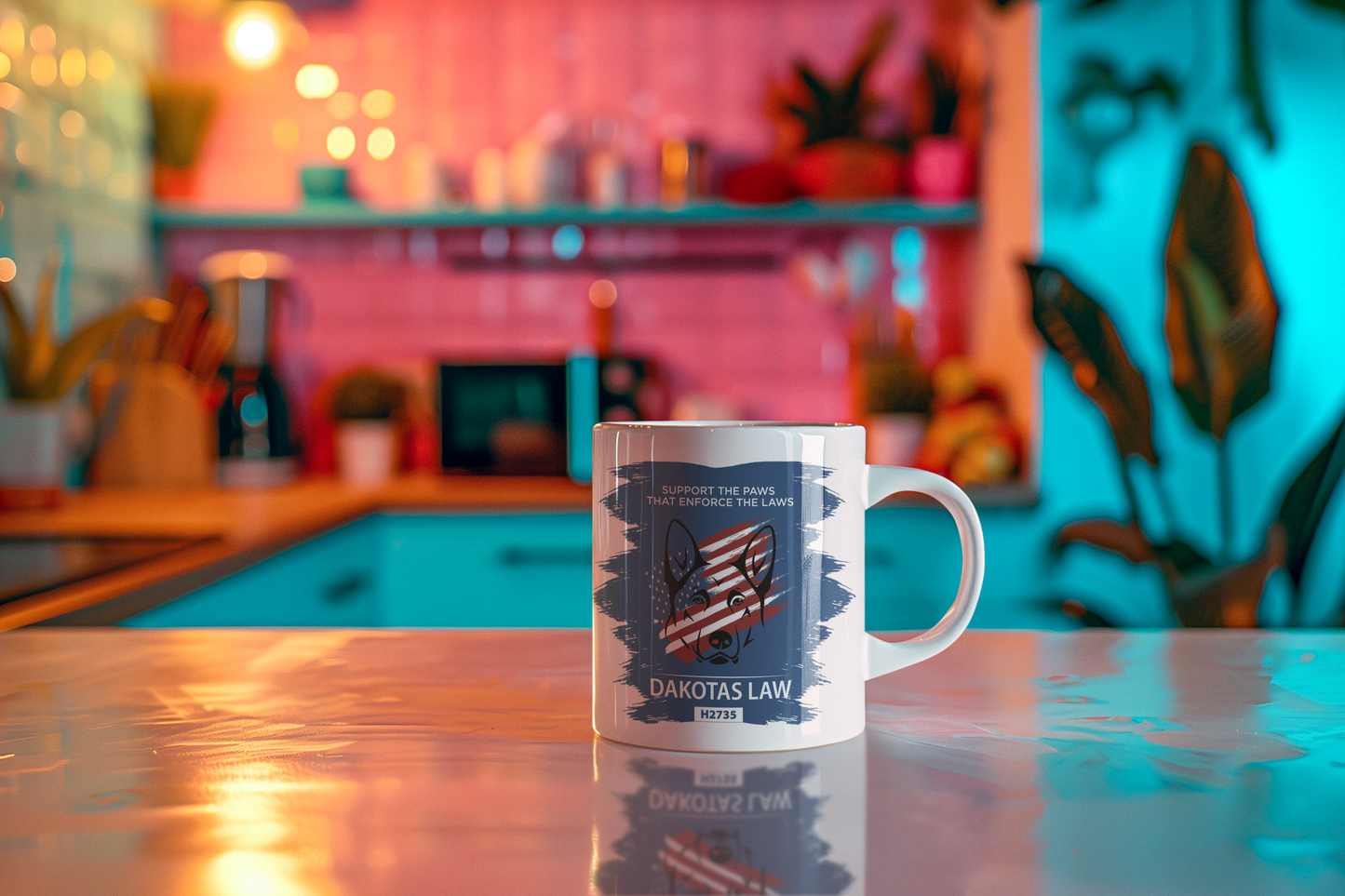Ceramic coffee mug with Red, White & Blue K9 PTSD awareness design with Paint Swash background