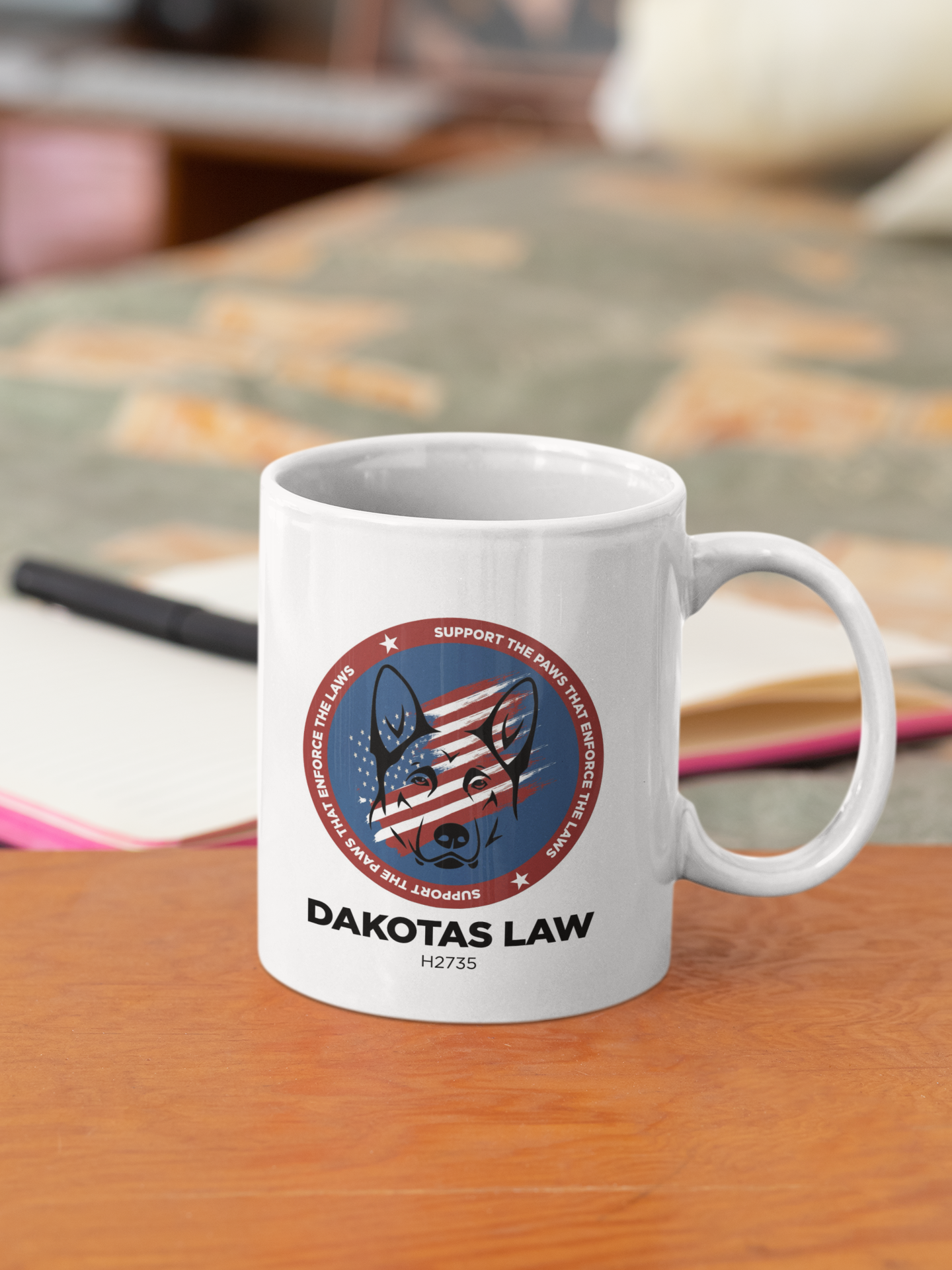 Ceramic coffee mug with Red, White & Blue K9 PTSD awareness circle design background