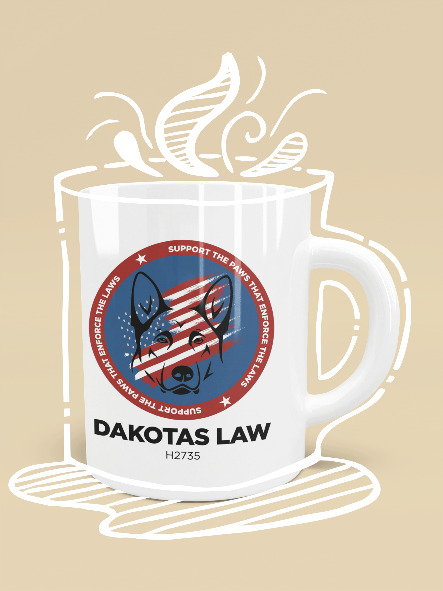 Ceramic coffee mug with Red, White & Blue K9 PTSD awareness circle design background