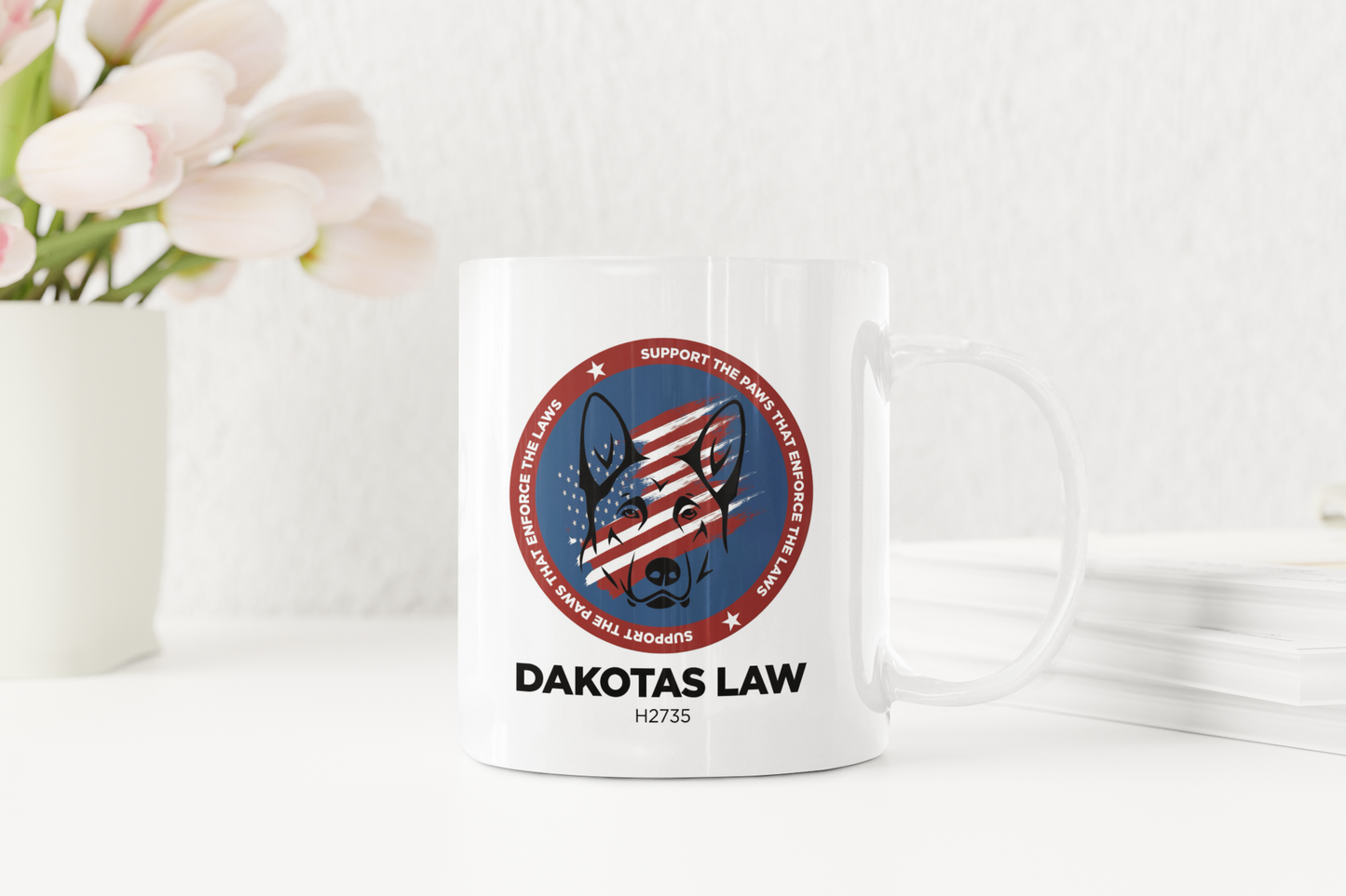 Ceramic coffee mug with Red, White & Blue K9 PTSD awareness circle design background