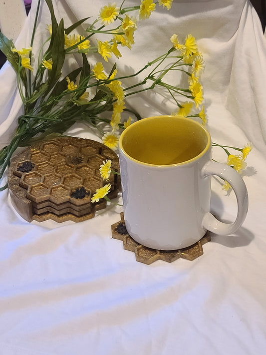Honeycomb Bumbebee Nesting Coaster Set, w/Holder