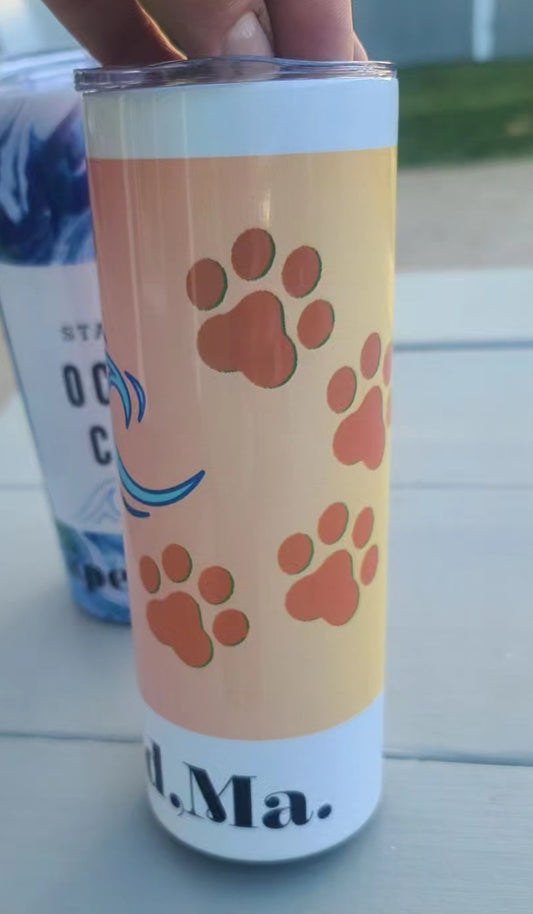 Sun, Ocean & Sandy Paws- Cape Cod Skinny Tumbler 20 oz. (CUSTOMIZABLE w/YOUR NAME or TOWN)