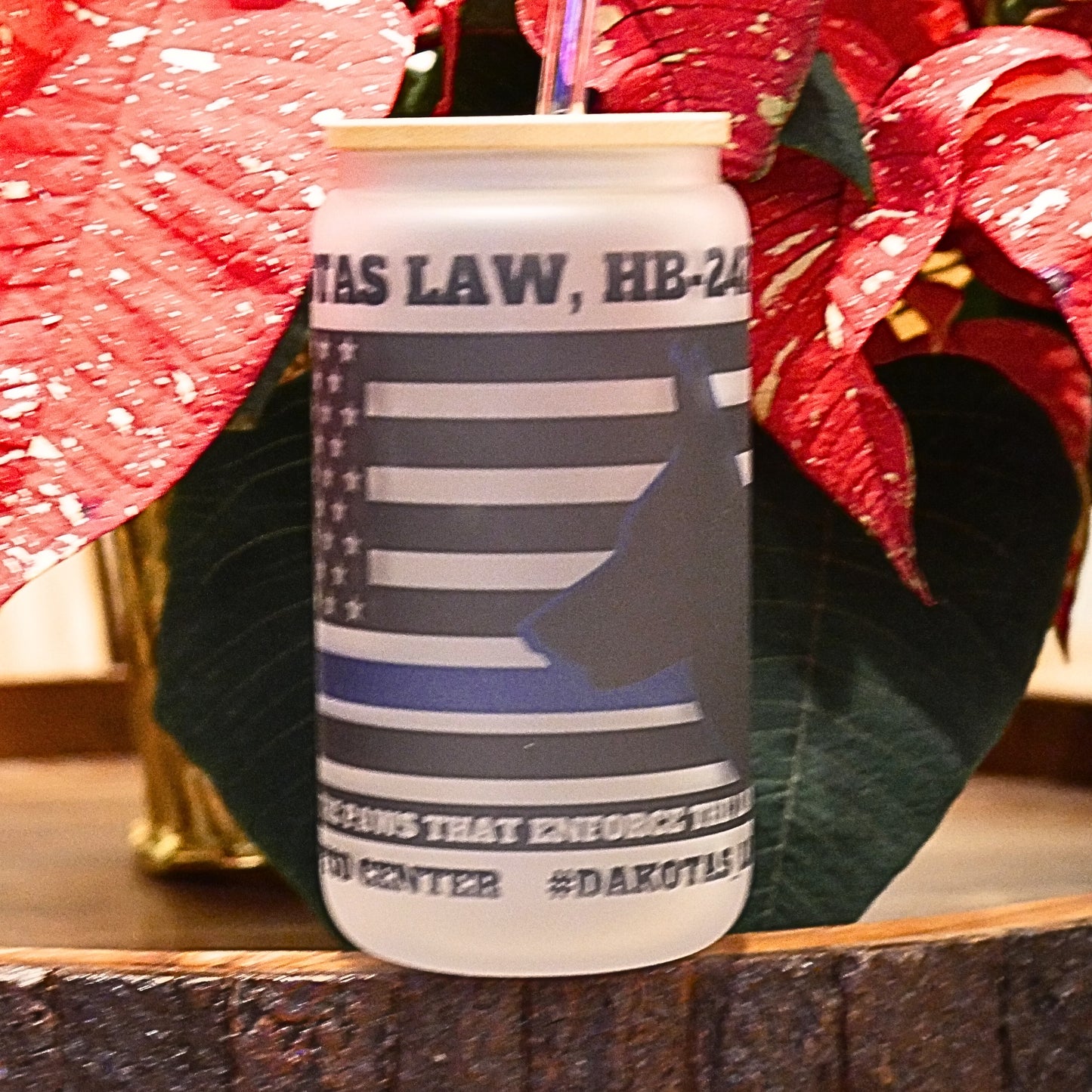 Frosted Beverage Galss w/bamboo lid/K9 PTSD Awareness Logo,