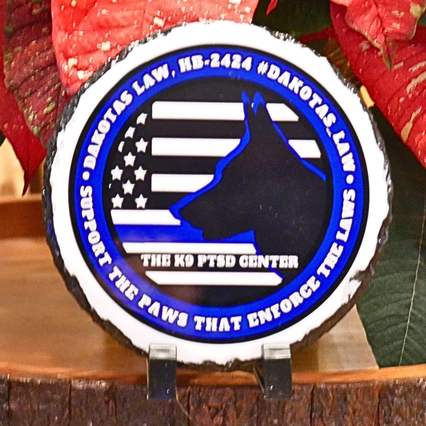 Desktop or Table-top Slate & Ceramic Collectors Keepsake Plate w/K9 PTSD AWARENESS LOGO-CAN BE PERSONALIZED