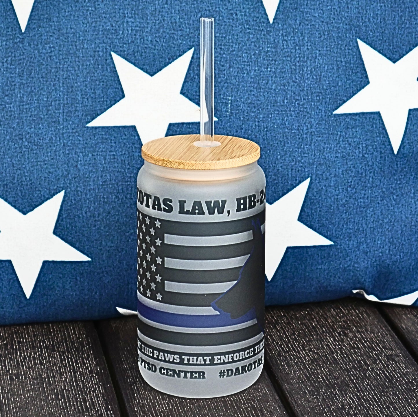 Frosted Beverage Galss w/bamboo lid/K9 PTSD Awareness Logo,