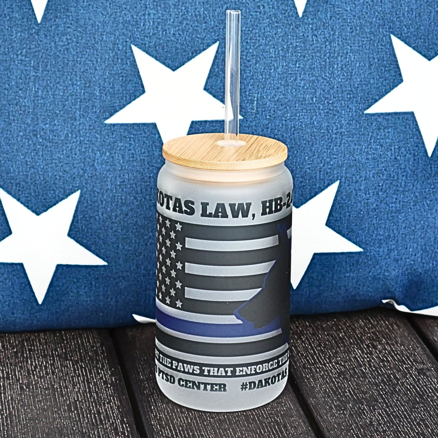 Frosted Beverage Galss w/bamboo lid/K9 PTSD Awareness Logo,