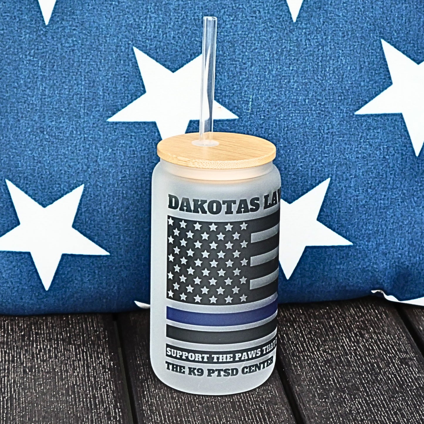 Frosted Beverage Galss w/bamboo lid/K9 PTSD Awareness Logo,