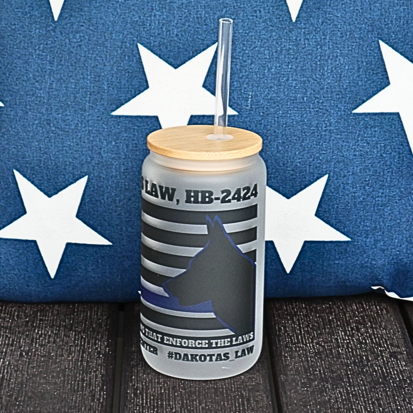 Frosted Beverage Galss w/bamboo lid/K9 PTSD Awareness Logo,