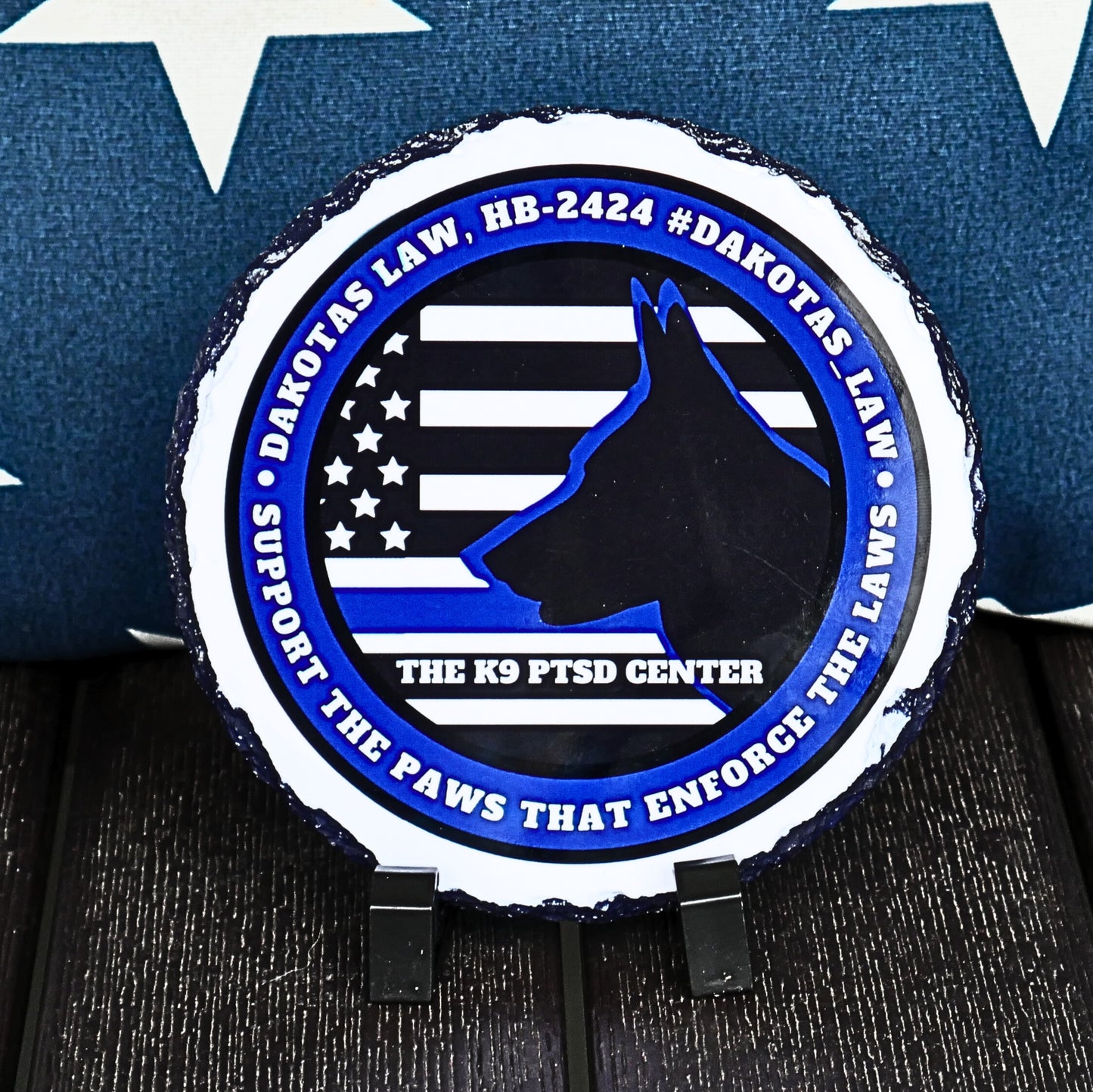 Desktop or Table-top Slate & Ceramic Collectors Keepsake Plate w/K9 PTSD AWARENESS LOGO-CAN BE PERSONALIZED