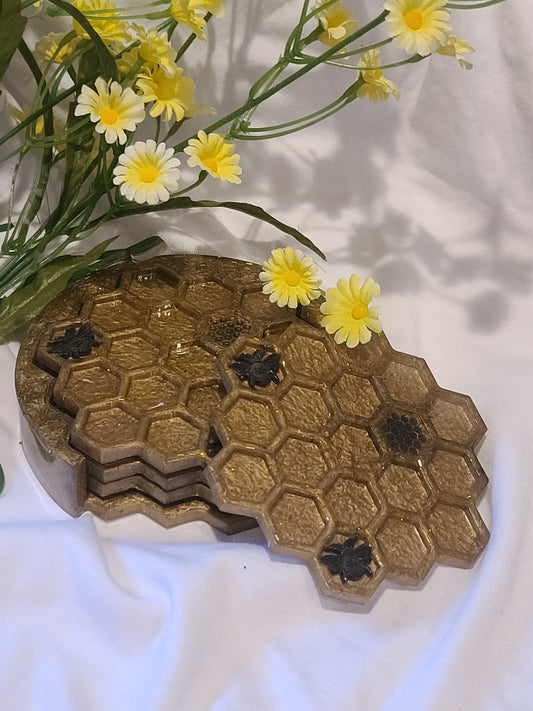 Honeycomb Bumbebee Nesting Coaster Set, w/Holder